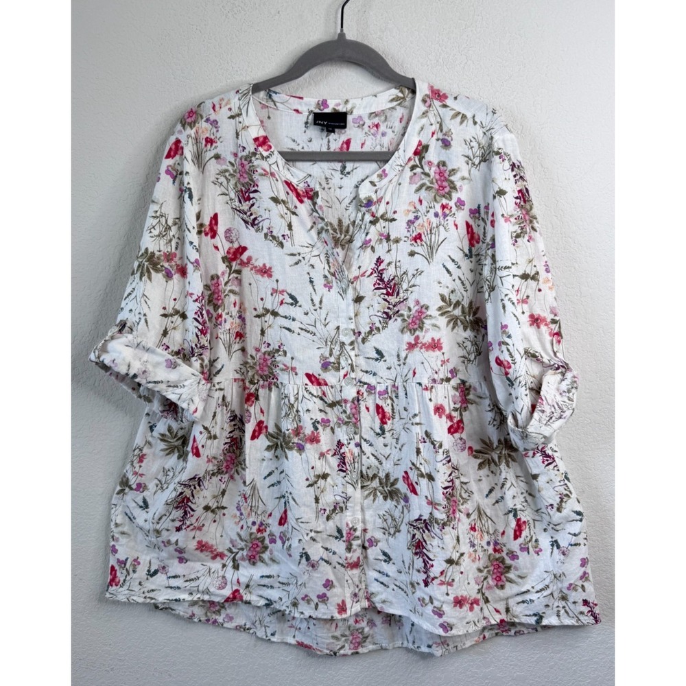 Jones New York Floral Linen Blend Top Tunic Women's 1X Plus Prairie Boho Peasant